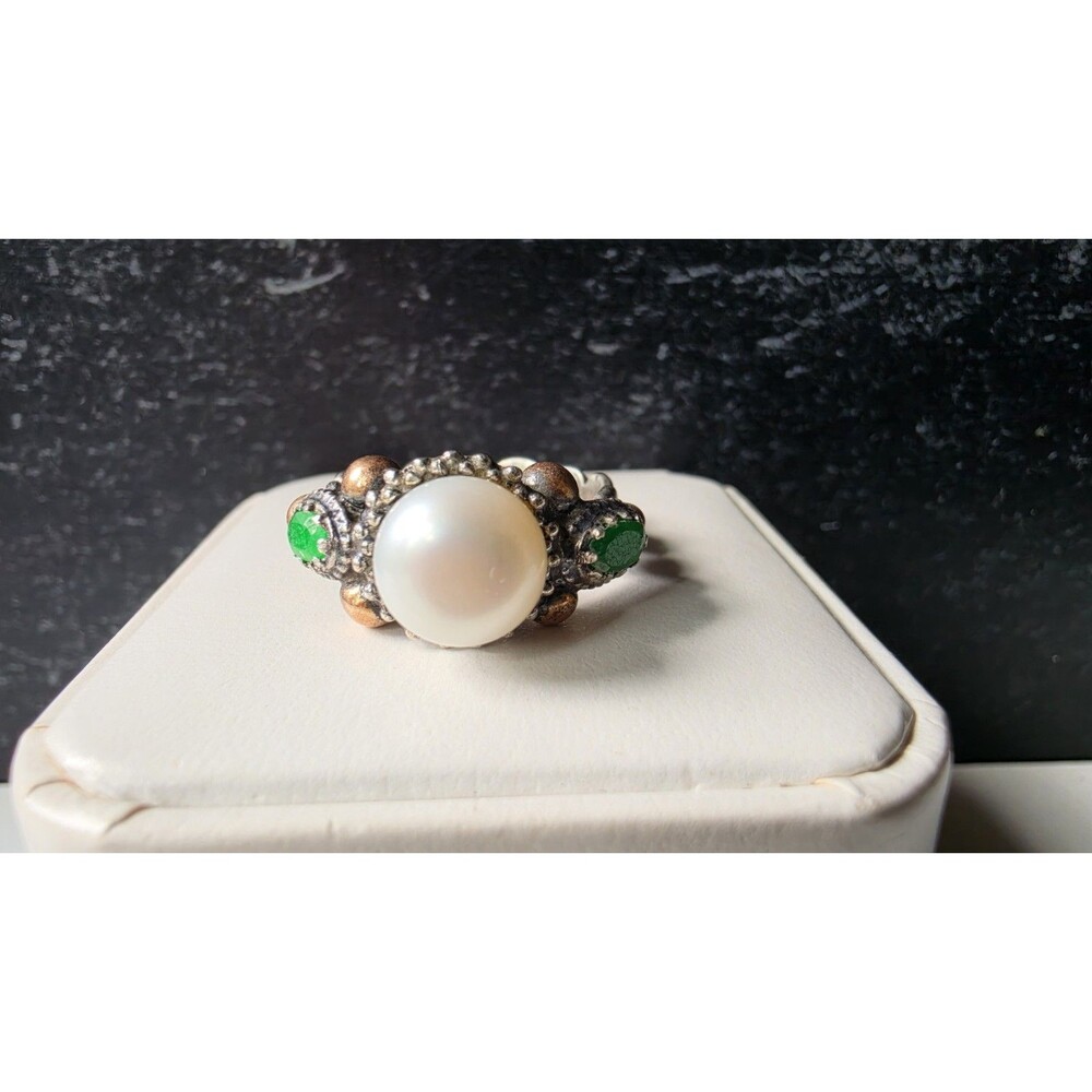 925 Sterling Silver Pearl And Emerald Gold Tone Metal Ring Size US 7.5 Vintage